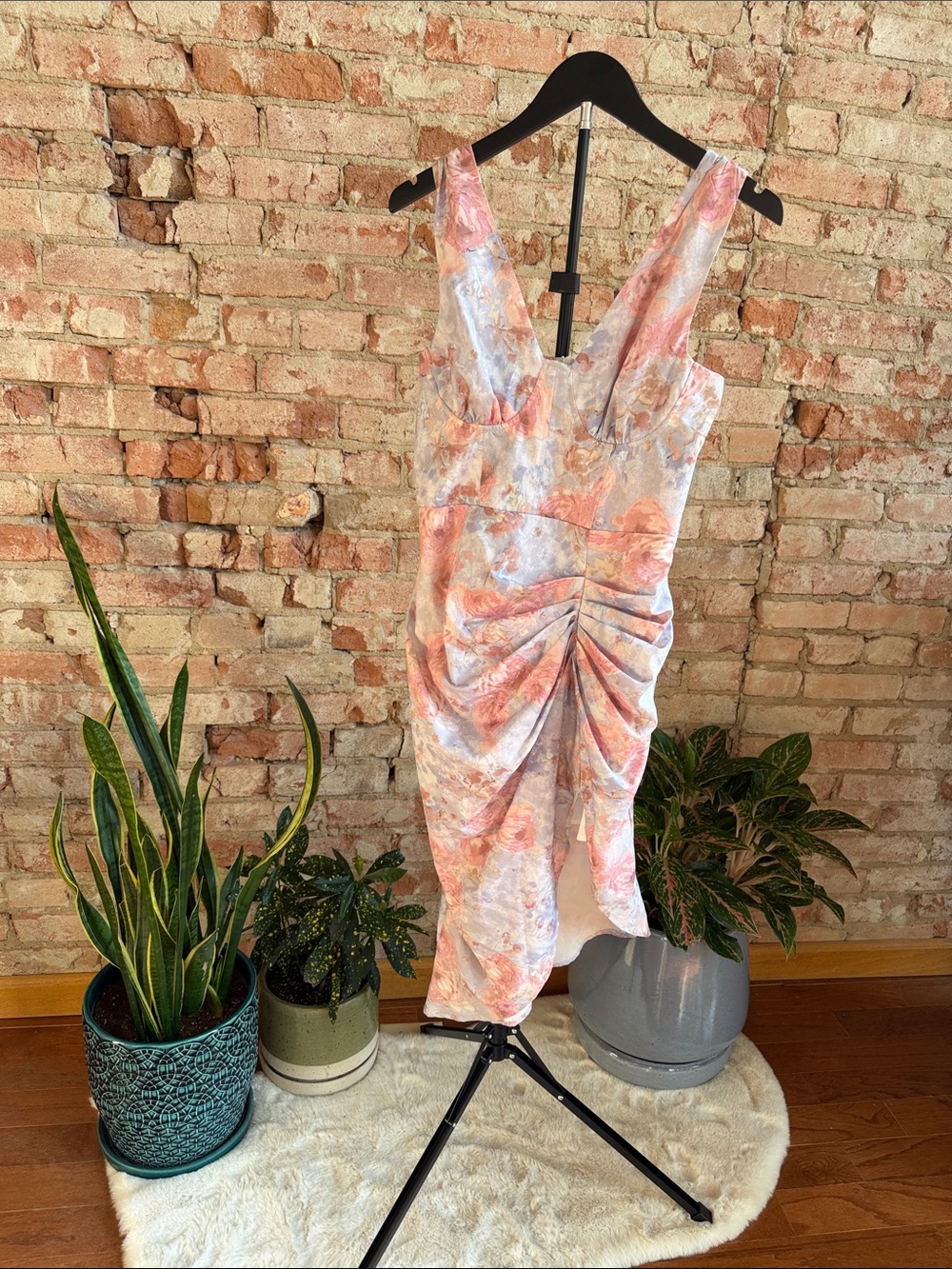 Floral Ruched High Low Asymmetrical Midi Dress in Pink and Blue Size Medium 🌸🦋